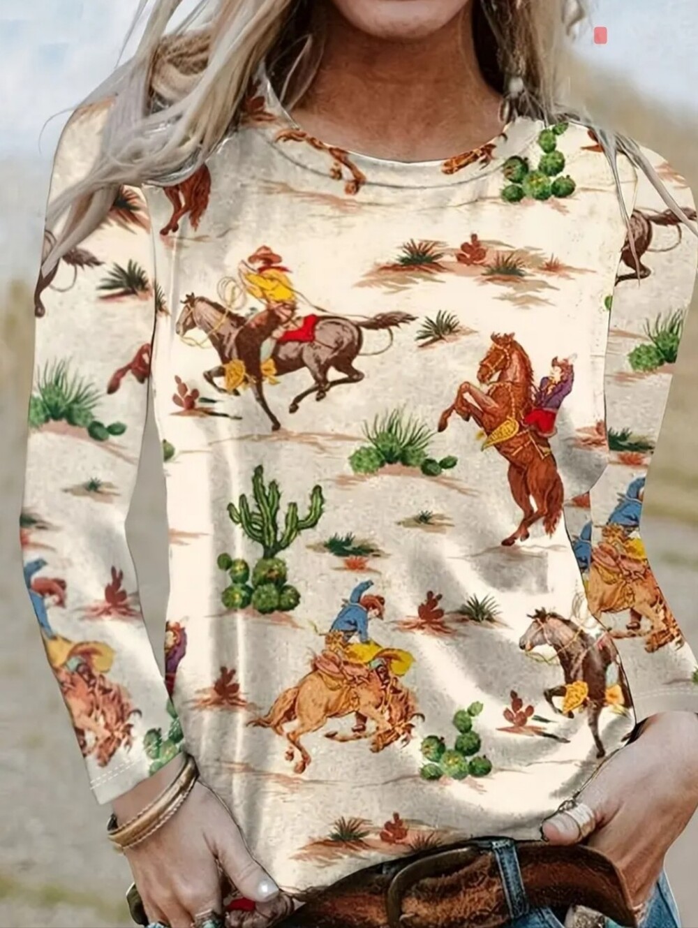 🌟7/25$ Emery Rose Retro all-over Cowboy And Cacti Print